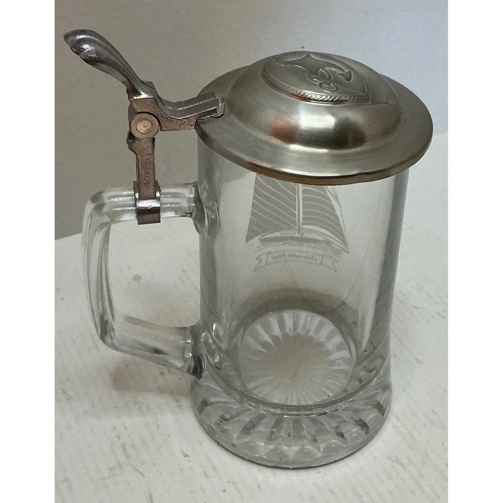 Vintage Glass Beer Stein Etched Columbia 1901 Sailboat Anchor Metal Lid Tankard